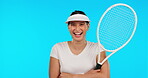 Face, tennis and funny woman with arms crossed in studio isolated on a blue background mockup. Portrait, racket sports and confident athlete from Brazil laughing for exercise, training or fitness.