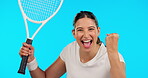 Face, tennis and woman with racket winning in studio isolated on a blue background. Portrait, sports and excited athlete, champion or winner happy for success, achievement and celebration of goals.