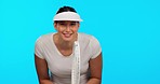 Face, tennis and happy woman with racket for fitness in studio isolated on a blue background mockup. Portrait, racquet sports and athlete from Brazil ready to start exercise, training or workout.