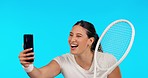 Woman, video call and talking in studio for sport, tennis or happy for conversation by blue background. Professional athlete girl, communication or webinar for chat with training, fitness or wellness