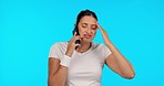 Sports problem, green screen and a woman on a phone call for training communication or stress. Anxiety, tennis player and speaking on mobile for a sport crisis isolated on a blue background in studio