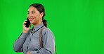 Phone call, smile and time with business woman on green screen for networking, communication and mockup. Contact, feedback and conversation with female employee on studio background for connection