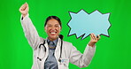 Speech bubble, woman doctor and green screen for announcement, news and social media for winning. Success, cheers and happy medical person with voice, wow and blue poster mockup on studio background