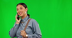 Phone call, smile and professional with business woman on green screen for networking, communication and mockup. Contact, feedback and conversation with employee on studio background for connection