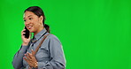 Happy, talking and a woman on a green screen phone call with mockup for work communication. Smile, conversation and a young employee speaking on a mobile isolated on a studio background with space