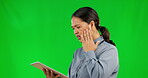 Tablet, confused and frustrated with a business woman in studio on a green screen background for problem solving. Technology, research and doubt with a young asian employee on chromakey mockup