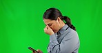 Green screen, glitch and Asian woman with a smartphone, internet issue and model against a studio background. Female person, stress or girl with a cellphone, frustrated or confused with scam or alert