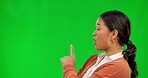 Woman, presentation and choice on list with green screen, advertising and information isolated on studio background. Female speaker, mockup space and show options with news announcement and advice 