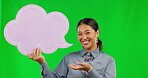 Speech bubble, presentation and information with a woman on a green screen for marketing. Portrait, smile and social media with a happy young female talking on chromakey mockup for communication