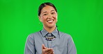 Asian woman, applause and thumbs up for success on green screen in celebration against a studio background. Portrait of happy female person clapping, like emoji or yes sign for good job on mockup