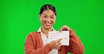 Teacher, report card and woman on green screen with good results, passing grade and success. Celebration, education and portrait of Asian female person with feedback from class, school and learning