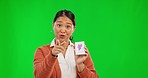 Portrait, woman and school, teacher on green screen with index card for language learning show in Japan. Teaching, elearning and Asian educator for homeschool, online class and webinar for education