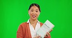 Green screen, face and woman teacher with book for classroom lesson, education or reading on mockup. Learning, portrait and asian female professor with textbook for university class, lesson or study