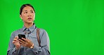 Business woman, checking time and green screen of late worker with phone feeling lost. Asian female person, professional and watch check fro deadline of a employee with mobile map for commute