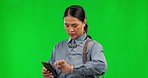 Business woman checking phone and time with green screen of late worker with phone and texting. Asian female person, professional and watch check for deadline of employee with mobile map for commute