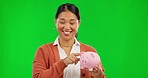 Piggy bank, face and woman on green screen for savings education, financial management and presentation. Speaking, teaching and teacher or asian person banking, money or account on studio background