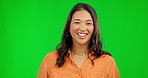 Face, funny and happy woman on green screen isolated on a background mockup. Portrait, chroma key and Asian female person from Cambodia with positive mindset, smile and laugh at comedy, joke or humor