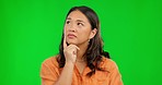 Green screen face, Asian woman and thinking of ideas, planning development or question decision, choice or plan. Chroma key portrait, brainstorming solution and Japanese person on studio background