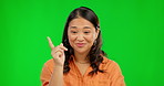 Thinking, smile and a woman on a green screen for planning, ideas and memory of knowledge. Think, young and an Asian girl or employee talking with an idea or plan isolated on a studio background