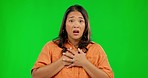 Scared, face and a woman with fear on a green screen isolated on a studio background. Stress, anxiety and portrait of a young girl looking nervous with a mental health problem and mockup space