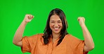 Face, woman and strong arms on green screen in studio isolated on a background. Portrait, flex muscle and Asian person with power, empowerment and pride for strength, gender equality and happiness.