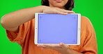 Hands, tablet and woman with chroma key for advertising, marketing or promotion on green screen for business, announcement. Technology, display and digital branding for online, web or mobile app 