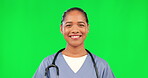 Healthcare, nurse and woman laughing on green screen with a happy or positive mindset. Face portrait of professional female or medical doctor laugh in studio for medicine, care or surgery motivation