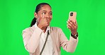 Green screen, video call and thumbs up by happy woman with phone in studio on mockup background. Smartphone, hello and female person smile with hand, emoji or vote for travel, online or communication