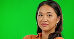 Face, confidence and woman on green screen in studio isolated on background mockup space. Portrait, chroma key and Asian female person from Cambodia with fashion, stylish aesthetic and casual clothes