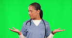 Healthcare, nurse and woman with palm or hands on green screen for advertising, choice or decision. Portrait of female doctor shrug with open hand for marketing medicine, care or surgery in studio