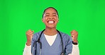 Woman, doctor and happy celebration by green screen with success, winning and excited for mockup. Young female medic, smile and winner with fist in air for goals, achievement or good news for career