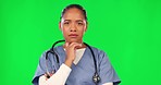 Healthcare, nurse and portrait of a woman thinking on green screen with idea, plan or strategy. Female doctor think of choice, decision or listening to medical consultation with attention in studio