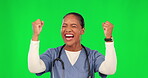 Success, yes and doctor or woman on green screen winning, achievement and goals in healthcare services. Fist, power and excited medical person or nurse cheers for clinic results on studio background