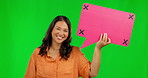 Happy asian woman, speech bubble and question on green screen for comment against a studio background. Portrait of female person with smile and icon for feedback, social media and tracking markers