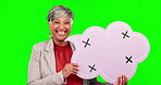 Speech bubble, business woman and happy portrait on green screen for announcement, voice or news. Mature entrepreneur person with poster or blank board with tracking markers for mockup comment icon