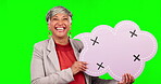 Business woman, speech bubble and portrait on green screen for announcement, voice or news. Happy mature entrepreneur person with poster or blank board with tracking markers for mockup comment icon