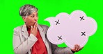 Green screen, speech bubble and senior corporate woman with surprise promotion, discount news or social media. Chroma key voice, tracking markers and shocked person communication on studio background