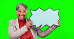 Happy, business woman and speech bubble portrait on green screen for announcement, voice or news. Mature entrepreneur person with poster or blank board laughing for for funny mockup comment icon