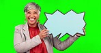Business woman, speech bubble and portrait on green screen for announcement, voice or news. Happy mature entrepreneur person with poster or blank board laughing for for funny mockup comment icon