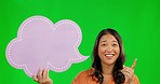 Asian woman, thinking and speech bubble with solution on green screen for idea against a studio background. Portrait of thoughtful female person with icon for feedback, answer or social media comment