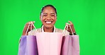 Green screen, happy and woman face with shopping, bag and wow expression on mockup background. Portrait, smile and excited female customer with retail, sale or store discount, gift or boutique items