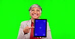 Tablet, green screen and business woman in online presentation, advertising mockup or tracking markers. Digital tech, ux or ui design space and face of senior person or executive on studio background