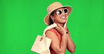 Portrait, green screen and sunglasses with girl on vacation with handbag for stylish clothes for travel. Happiness, accessories and summer with woman and fashion on holiday with glamour and smile.