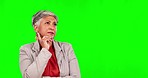 Green screen, thinking and senior woman with ideas, solution and old lady against a studio background. Female person, decision and model with problem solving, question and mindset with opportunity