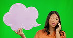 Phone call, speech bubble and mockup with woman on green screen for conversation, communication and chat. Social media, announcement and contact with person on studio background for networking