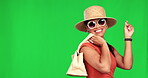 Green screen, portrait and girl with handbag and sunglasses or luxury brand with hat on holiday. Fashion, happiness and woman with glamour for vacation is stylish or classy for travel in summer.
