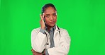 Stress, woman and doctor with a headache, green screen and employee with burnout, problem and overworked. Face, female person and medical professional with a migraine, healthcare issue and suffering