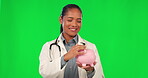 Piggy bank, doctor and green screen in OK sign for savings, investing or health insurance bills. Save money, cash or financial loan and face of medical latino woman and yes hands on studio background