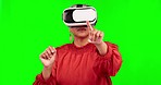 VR, glasses and woman on green screen and integration, user experience or press in metaverse or high technology. Virtual reality, digital world and business person in 3d software on studio background