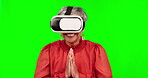 Virtual reality, green screen smile and woman with VR headset, augmented reality and happy for digital transformation. Chroma key metaverse, wow experience and future person on studio background